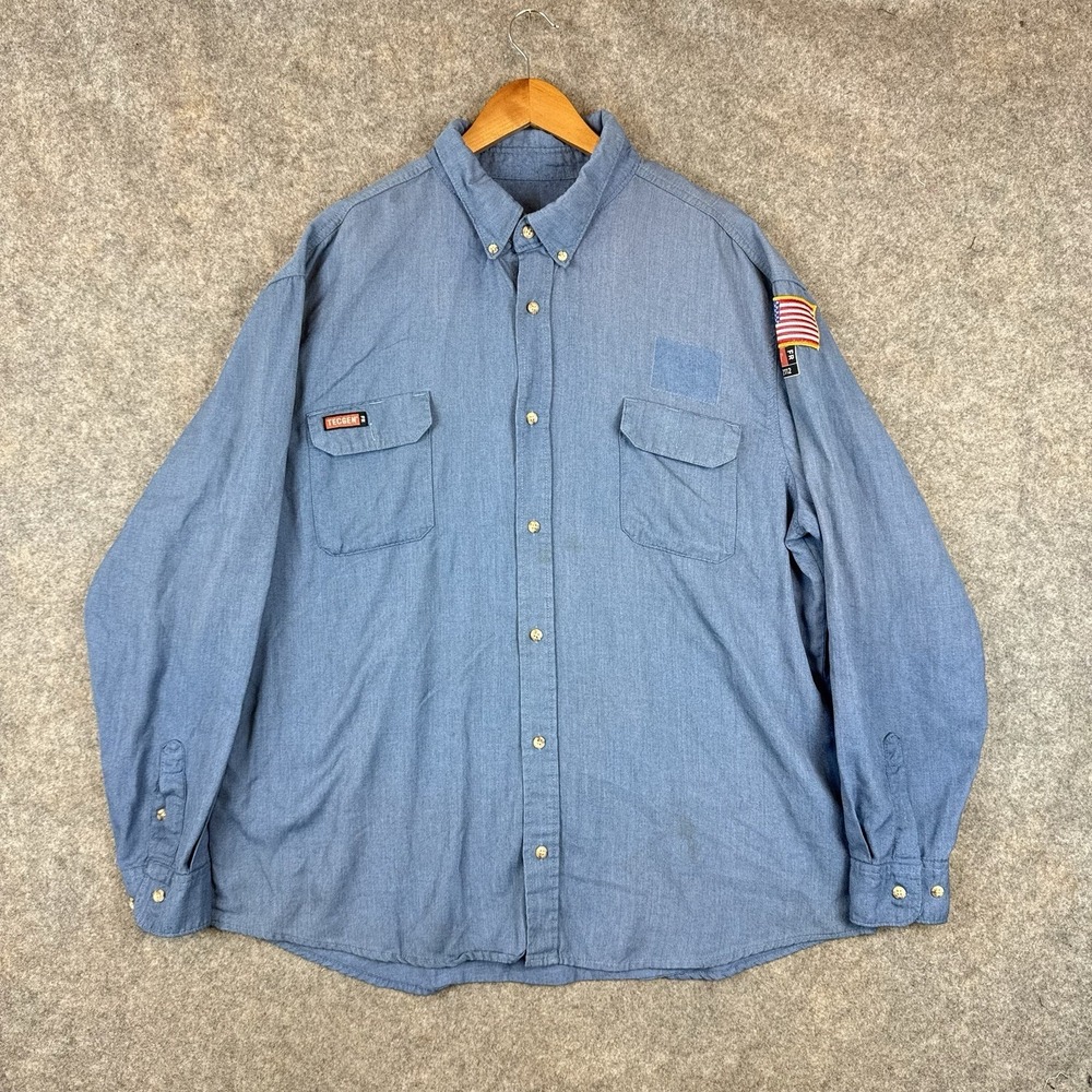 TECGEN FR Button Shirt Mens 2XL Blue Workwear Flame Resistant CAT 2 Westex USA